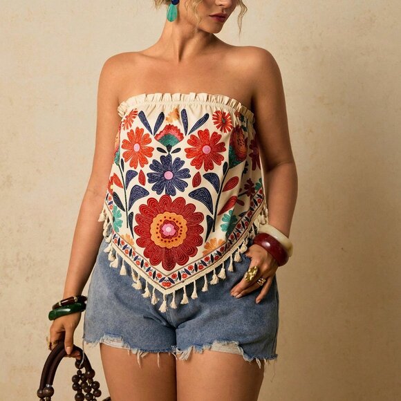 Apricot Boho Women's Floral Print Loose Tube Top - Picture 3 of 7